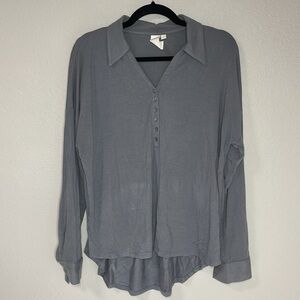 ADY P High Low Top Collared Long Sleeve Gray Modal Soft Cozy Size Large L